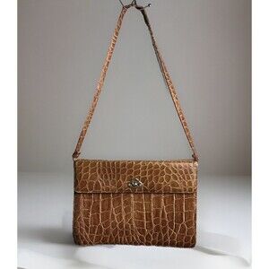 Briefcase Shoulder Bag Vintage Croc Embossed Chic Brown Unique Turnlock